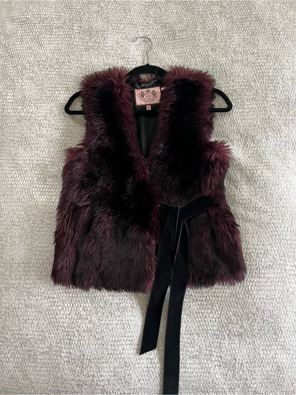 Juicy Couture Plum Faux Fur Vest with Black Tie